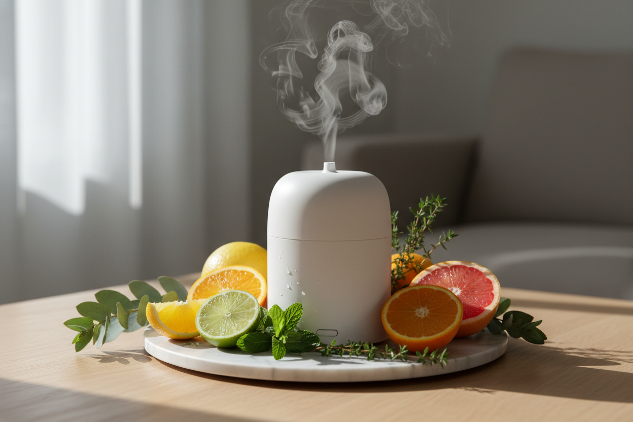 a photo-realistic interior vignette featuring a white ceramic ultrasonic diffuser on a clean marble tray, mist coming from the diffuser, surrounded by herbal elements like eucalyptus, peppermint, and thyme, slices and wedges of lemon, lime, orange and grapefruit, soft morning light casting subtle shadows, calm and organized atmosphere --ar 1:1