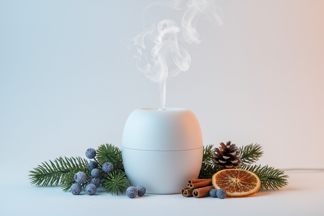 White ceramic ultrasonic diffuser with soft mist rising, surrounded by winter elements: evergreen sprigs, juniper berries, pinecone, touch of frost tone, dried citrus slice and cinnamon sticks,white background, soft cool-to-warm balanced lighting, minimal and serene, photorealistic, high detail, 1:1